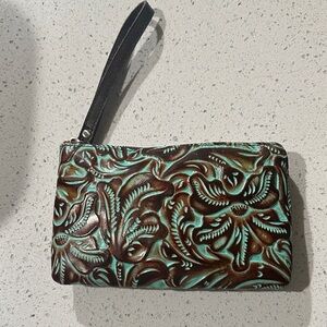 Patricia Nash Embossed Floral Wristlet in Brown and Teal